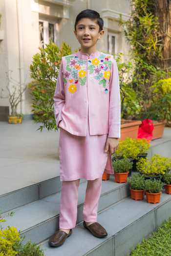 Shop_BA BA Baby Clothing CO_Pink Silk Embroidered Applique Gardenia Grace Bundi Kuta Set_Online_at_Aza_Fashions