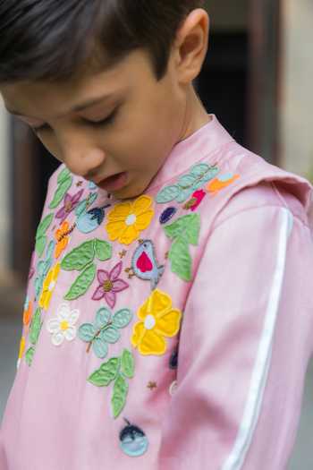 BA BA Baby Clothing CO_Pink Silk Embroidered Applique Gardenia Grace Bundi Kuta Set_at_Aza_Fashions