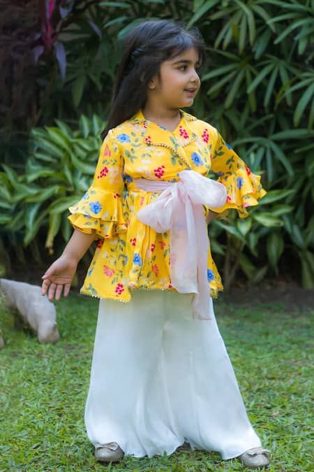 Buy Yellow Satin Modal Printed Floral Sunshine Bloom Kurta With Sharara For  Girls by Ba Ba Baby clothing co Online at Aza Fashions.