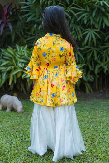 Shop BA BA Baby Clothing CO Yellow Satin Modal Printed Floral Sunshine Bloom Kurta With Sharara at Aza Fashions Shop_BA BA Baby Clothing CO_Yellow Satin Modal Printed Floral Sunshine Bloom Kurta With Sharara_at_Aza_Fashions