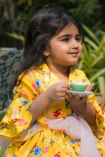 BA BA Baby Clothing CO Yellow Satin Modal Printed Floral Sunshine Bloom Kurta With Sharara Online at Aza Fashions BA BA Baby Clothing CO_Yellow Satin Modal Printed Floral Sunshine Bloom Kurta With Sharara_Online_at_Aza_Fashions
