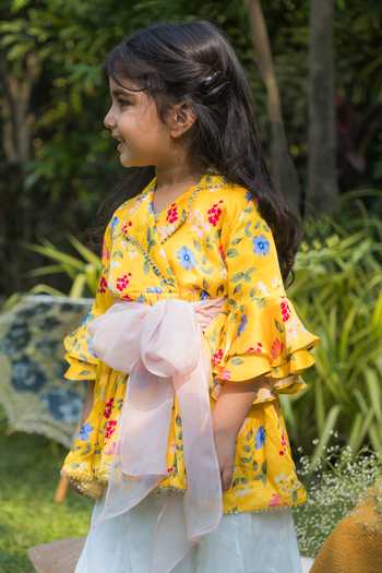 Buy BA BA Baby Clothing CO Yellow Satin Modal Printed Floral Sunshine Bloom Kurta With Sharara Online at Aza Fashions Buy_BA BA Baby Clothing CO_Yellow Satin Modal Printed Floral Sunshine Bloom Kurta With Sharara_Online_at_Aza_Fashions