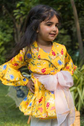 Shop BA BA Baby Clothing CO Yellow Satin Modal Printed Floral Sunshine Bloom Kurta With Sharara Online at Aza Fashions Shop_BA BA Baby Clothing CO_Yellow Satin Modal Printed Floral Sunshine Bloom Kurta With Sharara_Online_at_Aza_Fashions