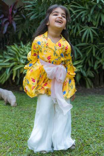BA BA Baby Clothing CO Yellow Satin Modal Printed Floral Sunshine Bloom Kurta With Sharara at Aza Fashions BA BA Baby Clothing CO_Yellow Satin Modal Printed Floral Sunshine Bloom Kurta With Sharara_at_Aza_Fashions