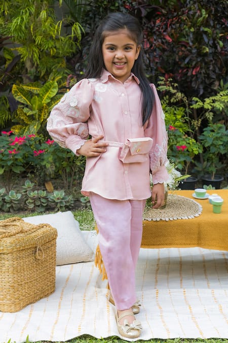Buy Pink Silk Embroidered Applique Blossom 3-d Floral Shirt Pant Set For  Girls by Ba Ba Baby clothing co Online at Aza Fashions.
