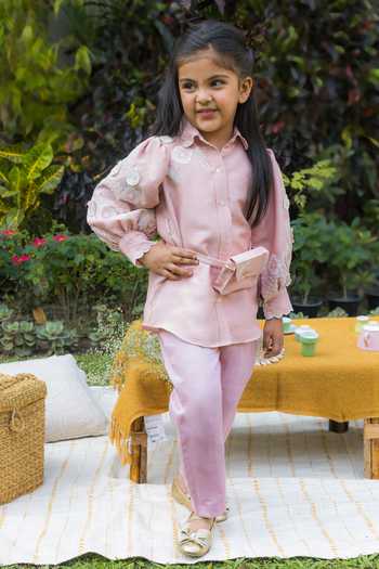 BA BA Baby Clothing CO_Pink Silk Embroidered Applique Blossom 3-d Floral Shirt Pant Set_Online_at_Aza_Fashions