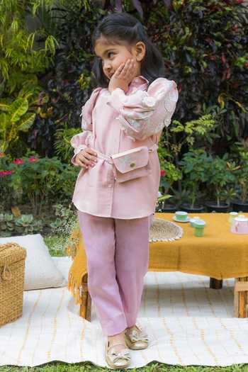 Buy_BA BA Baby Clothing CO_Pink Silk Embroidered Applique Blossom 3-d Floral Shirt Pant Set_Online_at_Aza_Fashions