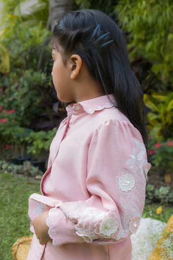 Shop_BA BA Baby Clothing CO_Pink Silk Embroidered Applique Blossom 3-d Floral Shirt Pant Set_Online_at_Aza_Fashions