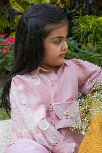 BA BA Baby Clothing CO_Pink Silk Embroidered Applique Blossom 3-d Floral Shirt Pant Set_at_Aza_Fashions