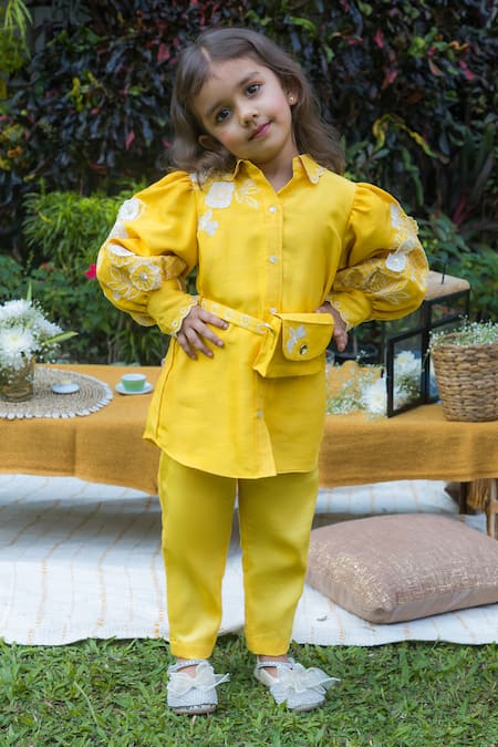 Ba Ba Baby clothing co Yellow Silk Embroidered Applique Blossom Floral Shirt Pant Set