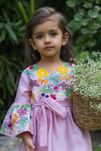 BA BA Baby Clothing CO_Pink Chanderi Embroidered Applique Gardenia Grace Floral Kurta With Sharara_Online_at_Aza_Fashions