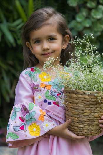 Buy_BA BA Baby Clothing CO_Pink Chanderi Embroidered Applique Gardenia Grace Floral Kurta With Sharara_Online_at_Aza_Fashions