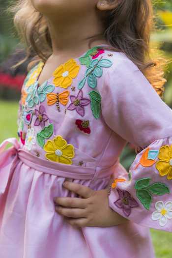 Shop_BA BA Baby Clothing CO_Pink Chanderi Embroidered Applique Gardenia Grace Floral Kurta With Sharara_Online_at_Aza_Fashions