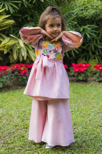 BA BA Baby Clothing CO_Pink Chanderi Embroidered Applique Gardenia Grace Floral Kurta With Sharara_at_Aza_Fashions