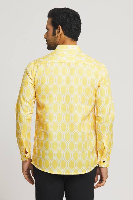 Shop_Arihant Rai Sinha_Yellow Cotton Geometric Print Shirt _at_Aza_Fashions