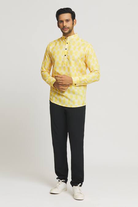 Arihant Rai Sinha_Yellow Cotton Geometric Print Shirt _Online_at_Aza_Fashions