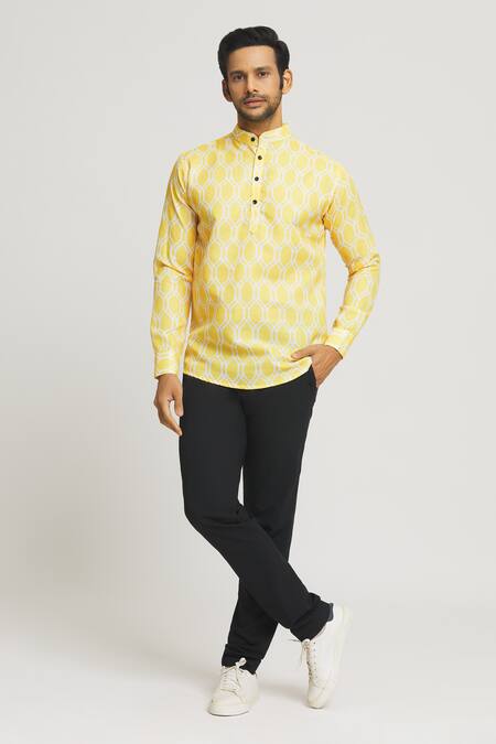Buy_Arihant Rai Sinha_Yellow Cotton Geometric Print Shirt _Online_at_Aza_Fashions