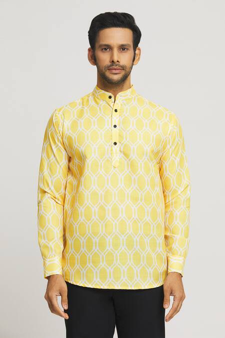 Arihant Rai Sinha_Yellow Cotton Geometric Print Shirt _at_Aza_Fashions
