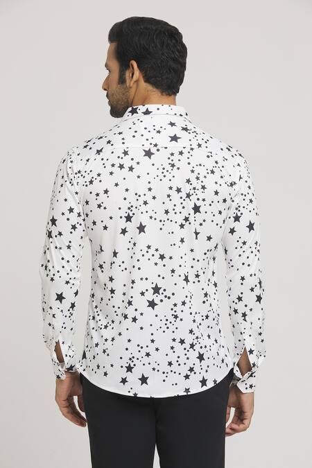 Shop_Aryavir Malhotra_White Lycra Scattered Star Print Shirt_at_Aza_Fashions