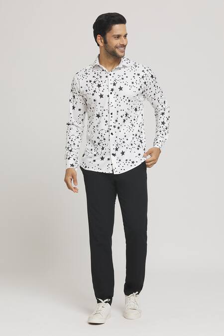 Buy_Aryavir Malhotra_White Lycra Scattered Star Print Shirt_Online_at_Aza_Fashions