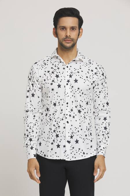 Aryavir Malhotra_White Lycra Scattered Star Print Shirt_at_Aza_Fashions