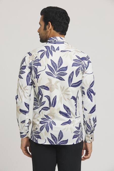 Shop_Arihant Rai Sinha_White Lycra Autumn Leaves Print Shirt _at_Aza_Fashions