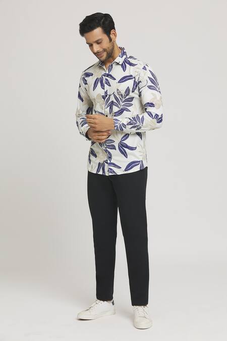Arihant Rai Sinha_White Lycra Autumn Leaves Print Shirt _Online_at_Aza_Fashions