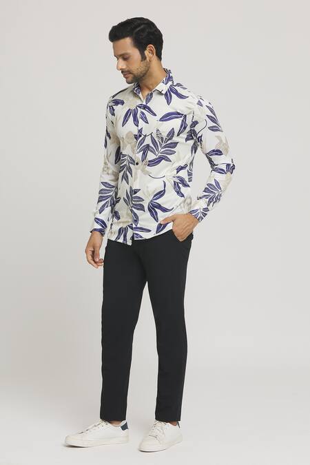 Buy_Arihant Rai Sinha_White Lycra Autumn Leaves Print Shirt _Online_at_Aza_Fashions