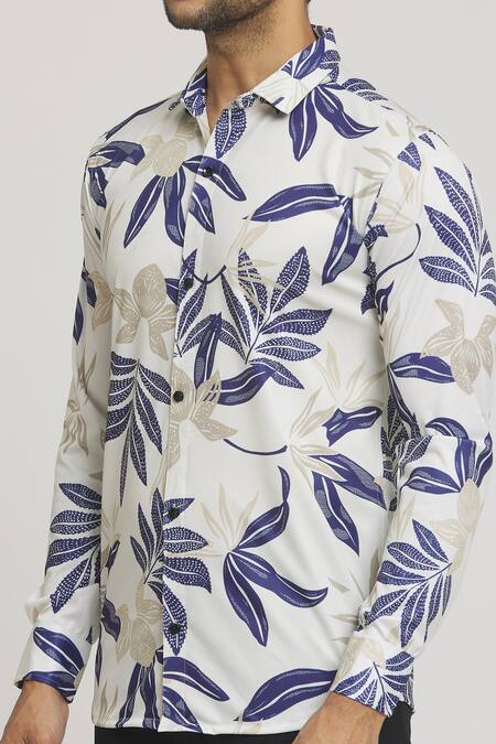 Shop_Arihant Rai Sinha_White Lycra Autumn Leaves Print Shirt _Online_at_Aza_Fashions