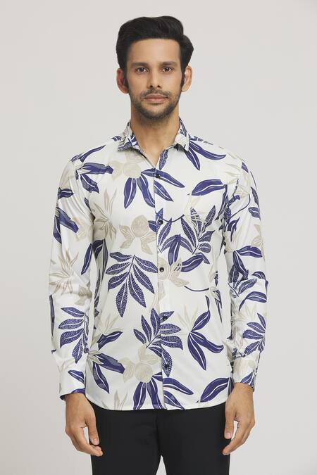 Arihant Rai Sinha_White Lycra Autumn Leaves Print Shirt _at_Aza_Fashions