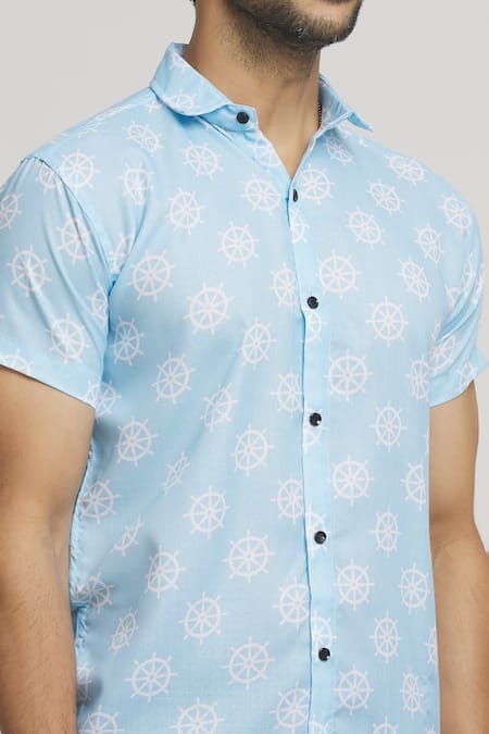 Shop_Aryavir Malhotra_Blue Cotton Wheel Print Shirt_Online_at_Aza_Fashions