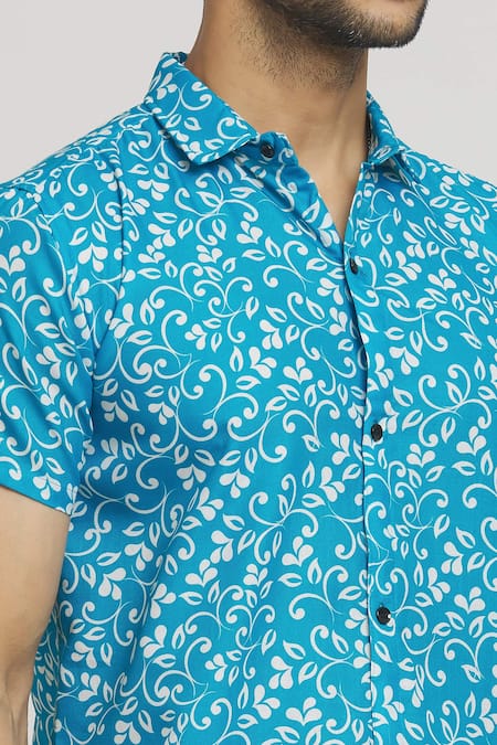 Shop Arihant Rai Sinha Blue Cotton Floral Vine Print Shirt Online at Aza Fashions Shop_Arihant Rai Sinha_Blue Cotton Floral Vine Print Shirt_Online_at_Aza_Fashions