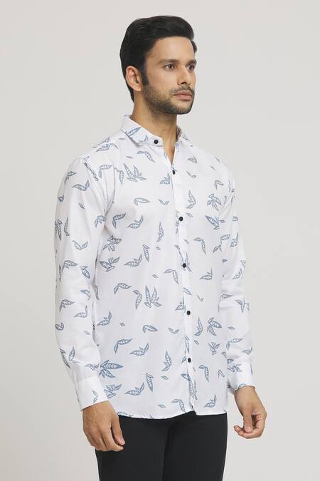 Arihant Rai Sinha_White Cotton Leaves Print Shirt _Online_at_Aza_Fashions