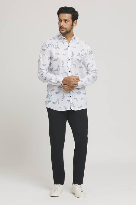 Buy_Arihant Rai Sinha_White Cotton Leaves Print Shirt _Online_at_Aza_Fashions