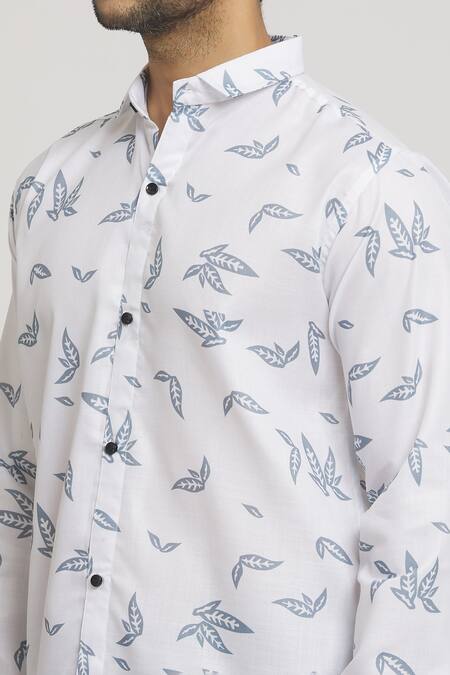 Shop_Arihant Rai Sinha_White Cotton Leaves Print Shirt _Online_at_Aza_Fashions