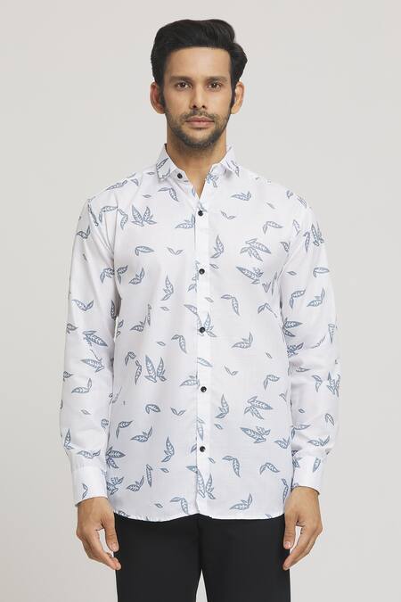 Arihant Rai Sinha_White Cotton Leaves Print Shirt _at_Aza_Fashions