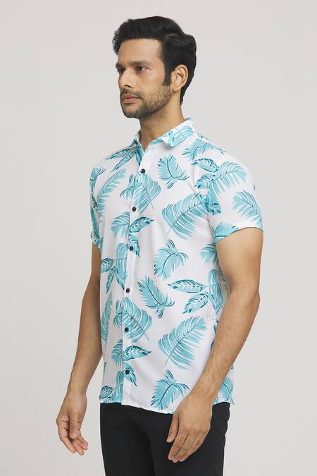 Aryavir Malhotra_White Cotton Falling Leaves Print Shirt_Online_at_Aza_Fashions