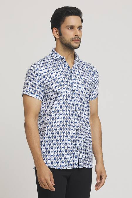 Arihant Rai Sinha_Blue Cotton Cubical Print Shirt _Online_at_Aza_Fashions