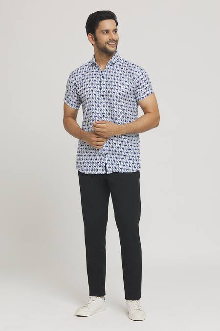 Buy_Arihant Rai Sinha_Blue Cotton Cubical Print Shirt _Online_at_Aza_Fashions