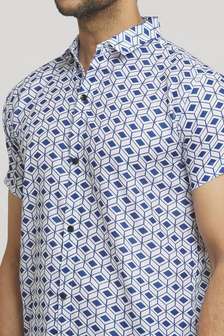 Shop_Arihant Rai Sinha_Blue Cotton Cubical Print Shirt _Online_at_Aza_Fashions