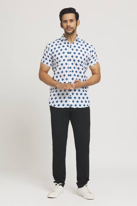 Buy_Aryavir Malhotra_White Cotton Geometric Butti Print Shirt_Online_at_Aza_Fashions