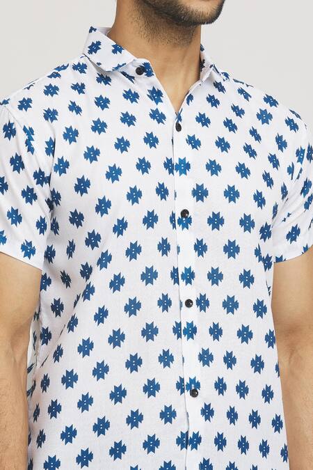Shop_Aryavir Malhotra_White Cotton Geometric Butti Print Shirt_Online_at_Aza_Fashions