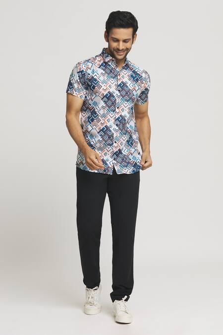 Aryavir Malhotra Multi Color Cotton Geometric Illusion Print Shirt Online at Aza Fashions Aryavir Malhotra_Multi Color Cotton Geometric Illusion Print Shirt_Online_at_Aza_Fashions
