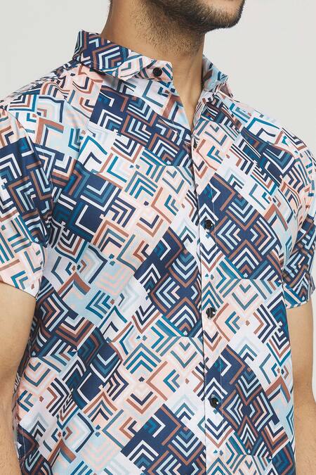 Shop Aryavir Malhotra Multi Color Cotton Geometric Illusion Print Shirt Online at Aza Fashions Shop_Aryavir Malhotra_Multi Color Cotton Geometric Illusion Print Shirt_Online_at_Aza_Fashions