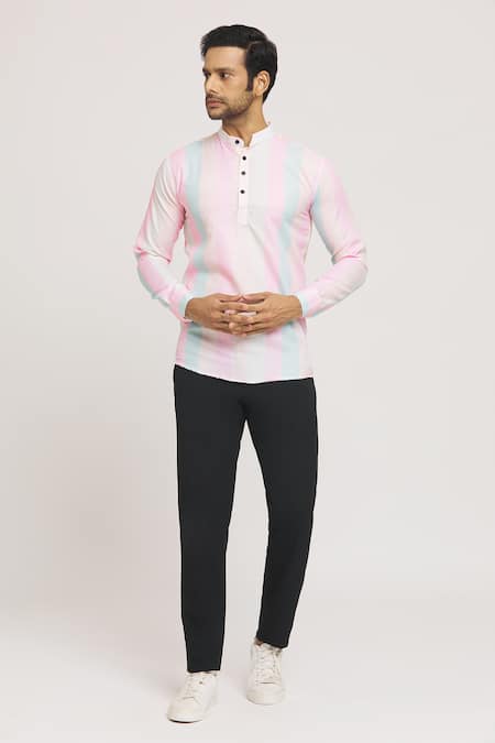 Buy_Aryavir Malhotra_Multi Color Cotton Faded Stripe Pattern Shirt_Online_at_Aza_Fashions