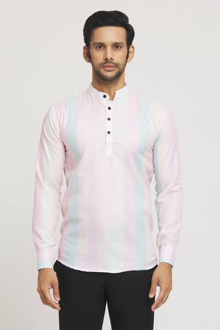 Aryavir Malhotra_Multi Color Cotton Faded Stripe Pattern Shirt_at_Aza_Fashions