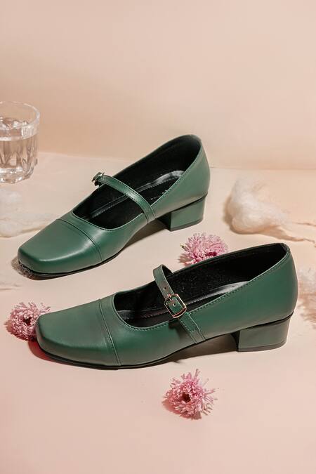 Shop The Frou Frou Studio Green Stitch Lines Plain Mary Jane Block Heels at Aza Fashions Shop_The Frou Frou Studio_Green Stitch Lines Plain Mary Jane Block Heels_at_Aza_Fashions