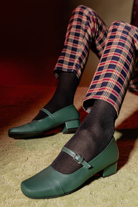 The Frou Frou Studio Green Stitch Lines Plain Mary Jane Block Heels Online at Aza Fashions The Frou Frou Studio_Green Stitch Lines Plain Mary Jane Block Heels_Online_at_Aza_Fashions