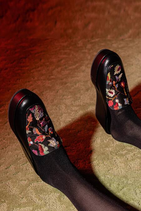 The Frou Frou Studio_Black Bugle Beads Scarlet Mule Wedges_Online_at_Aza_Fashions