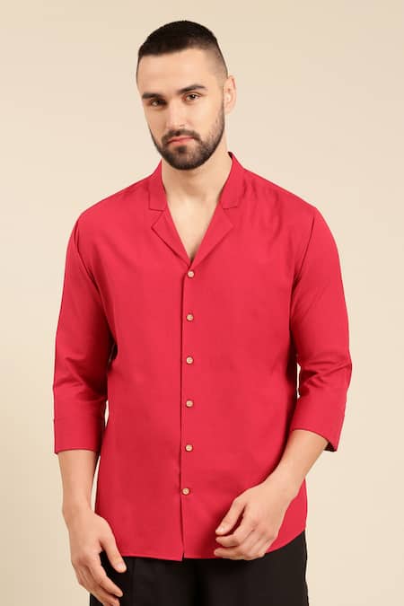 Mayank Modi - Men_Red Cotton Solid Shirt _Online_at_Aza_Fashions